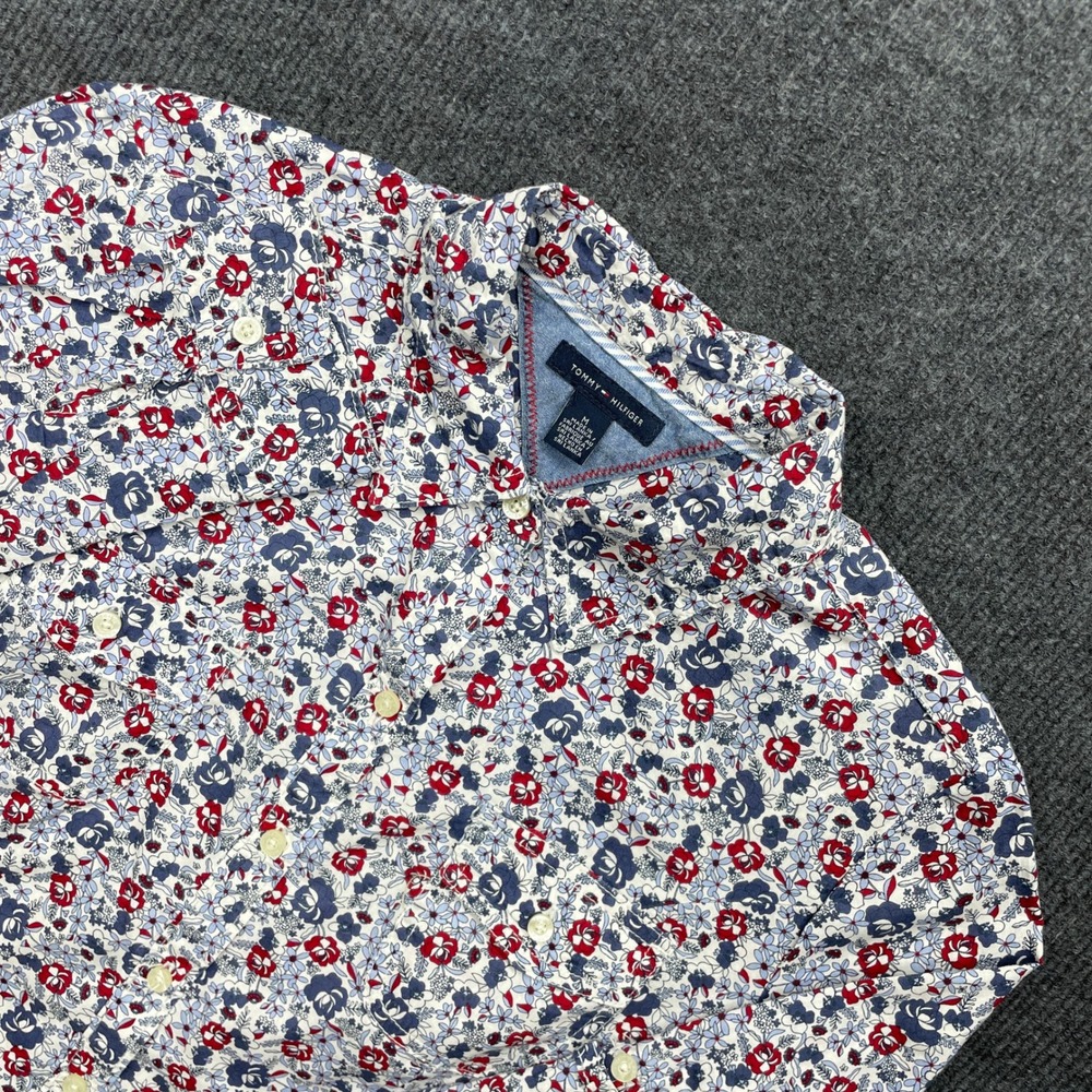 Tommy Hilfiger Floral Button Down Shirt Medium Blue Red White Cotton Y2K Boho